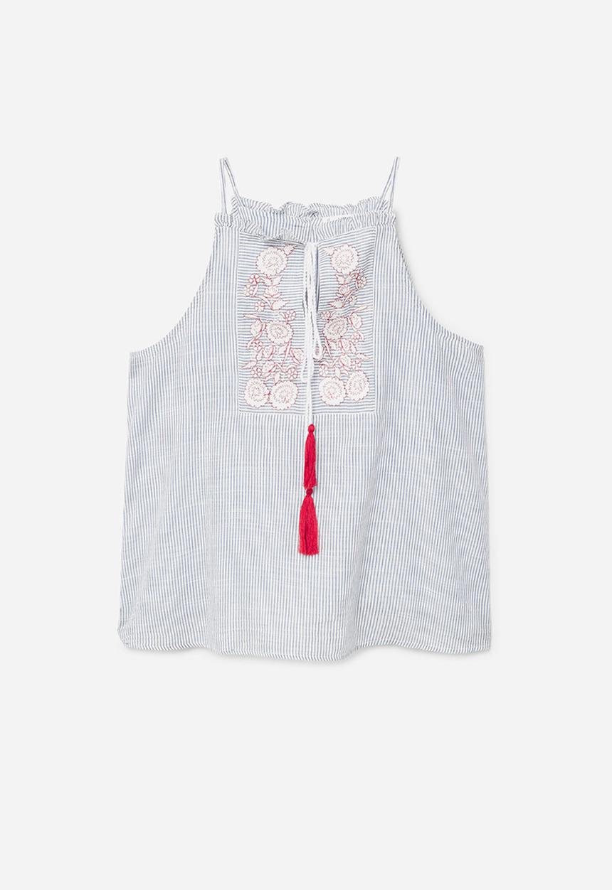 MANGO - Embroidered Striped Top Blue