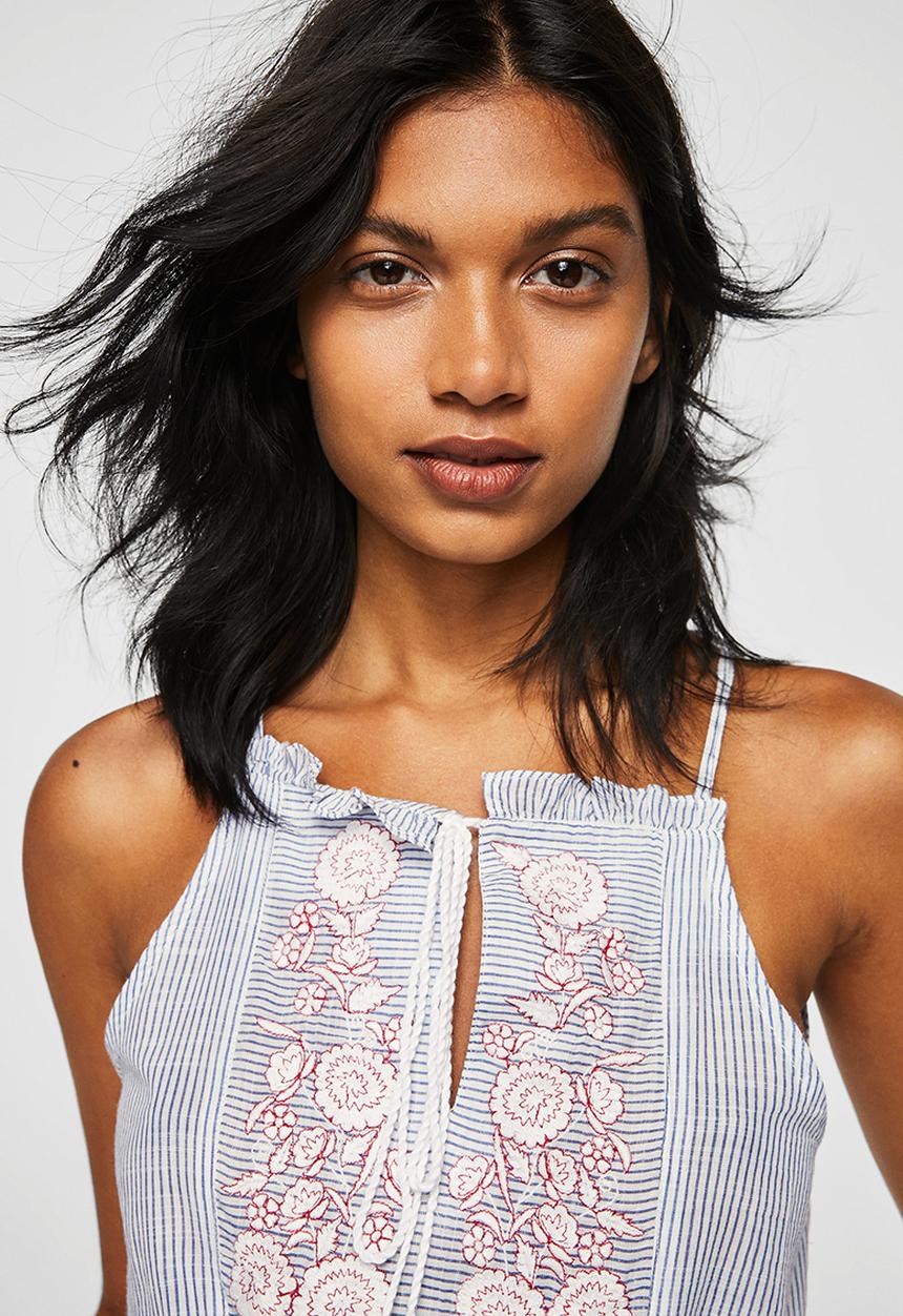 MANGO - Embroidered Striped Top Blue