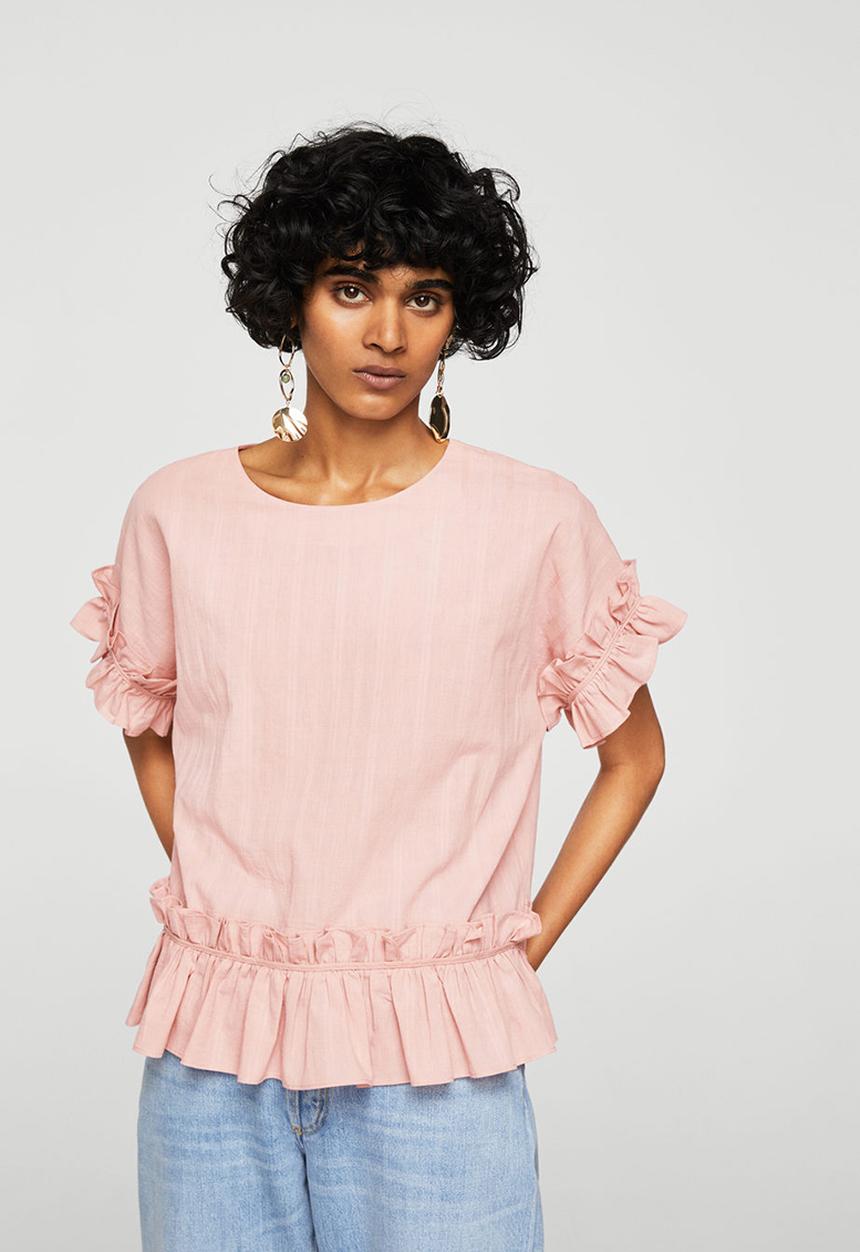 MANGO - Textured Ruffled Blouse Pale Pink