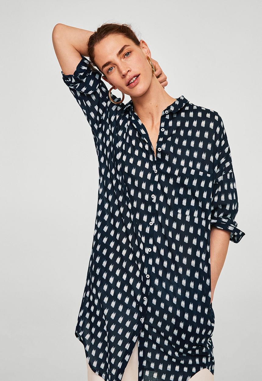 MANGO - All-over print longer length shirt - navy & white