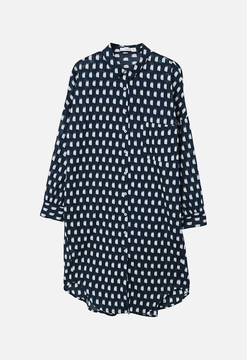 MANGO - All-over print longer length shirt - navy & white