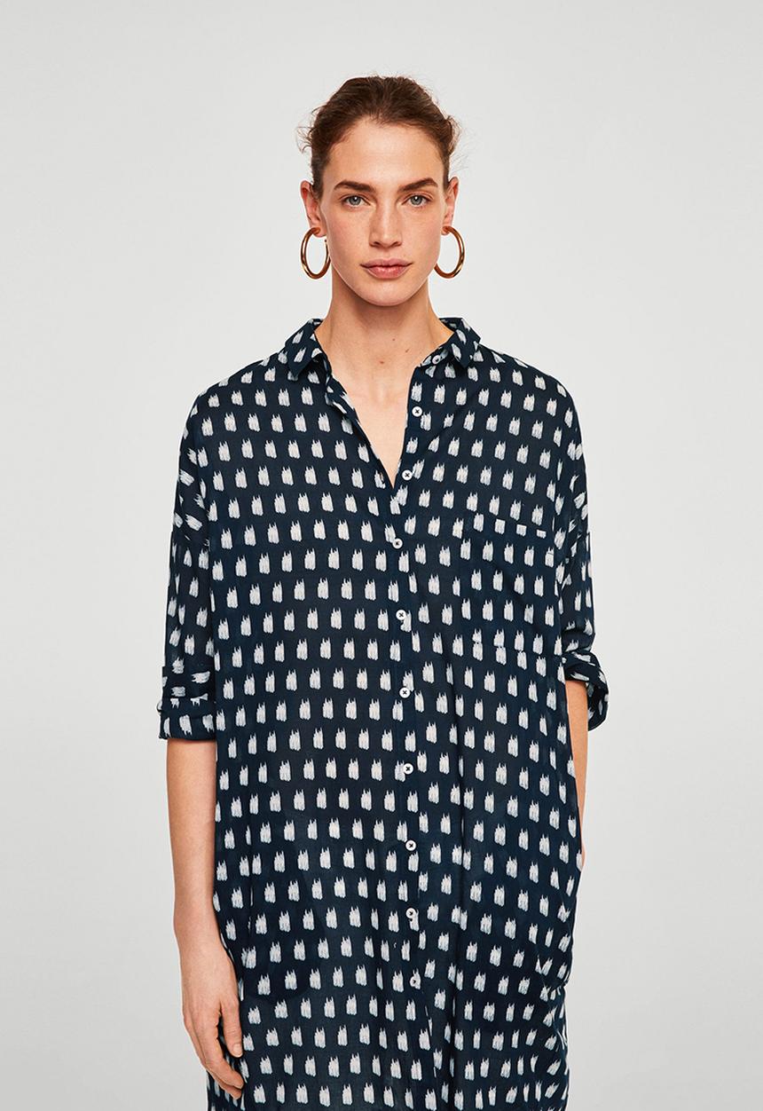 MANGO - All-over print longer length shirt - navy & white