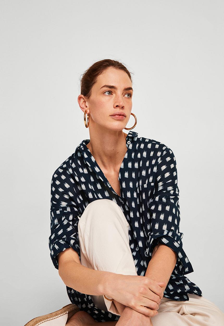 MANGO - All-over print longer length shirt - navy & white