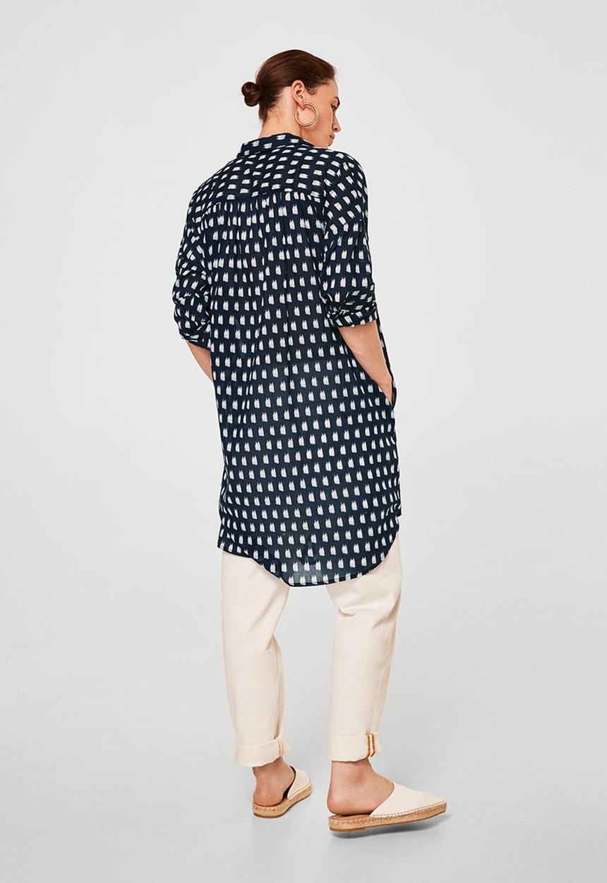 MANGO - All-over print longer length shirt - navy & white