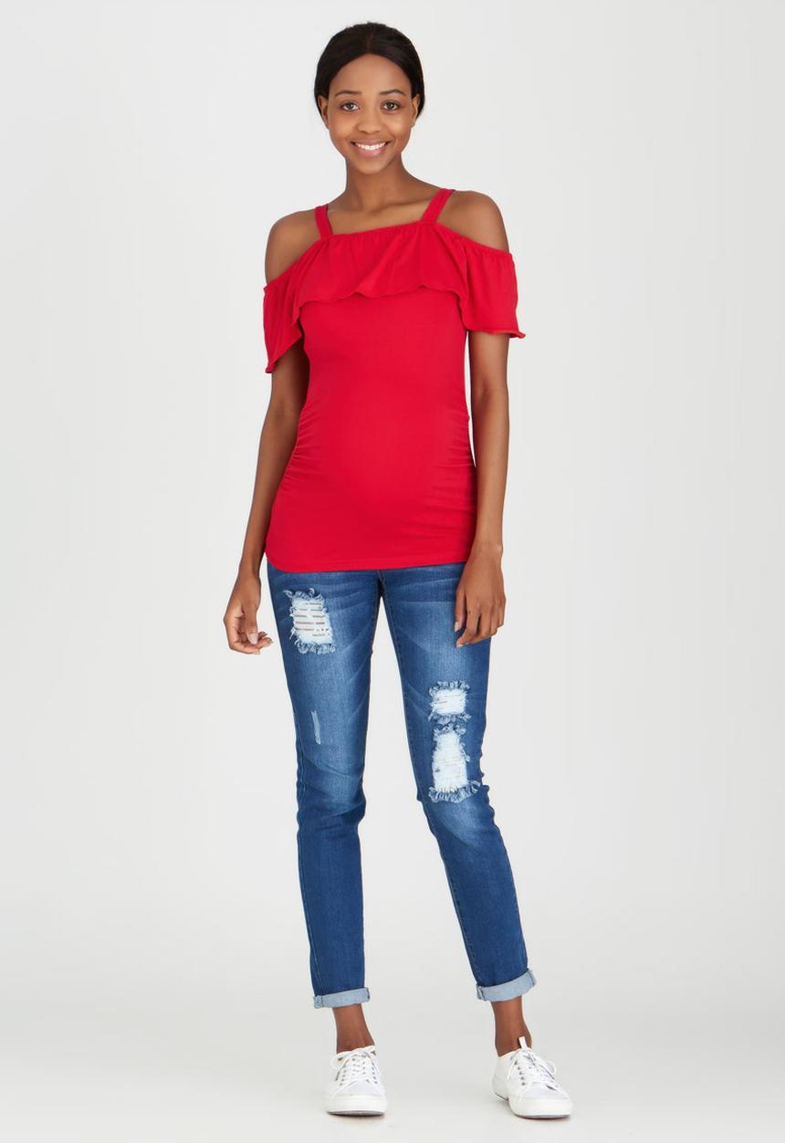 edit Maternity - Off-Shoulder Frill Top Red
