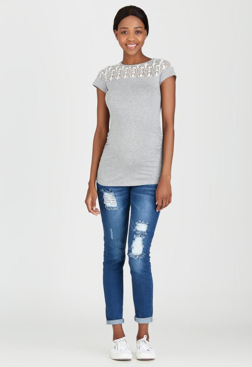 edit Maternity - Lace Inset Stripe T-shirt Grey Melange