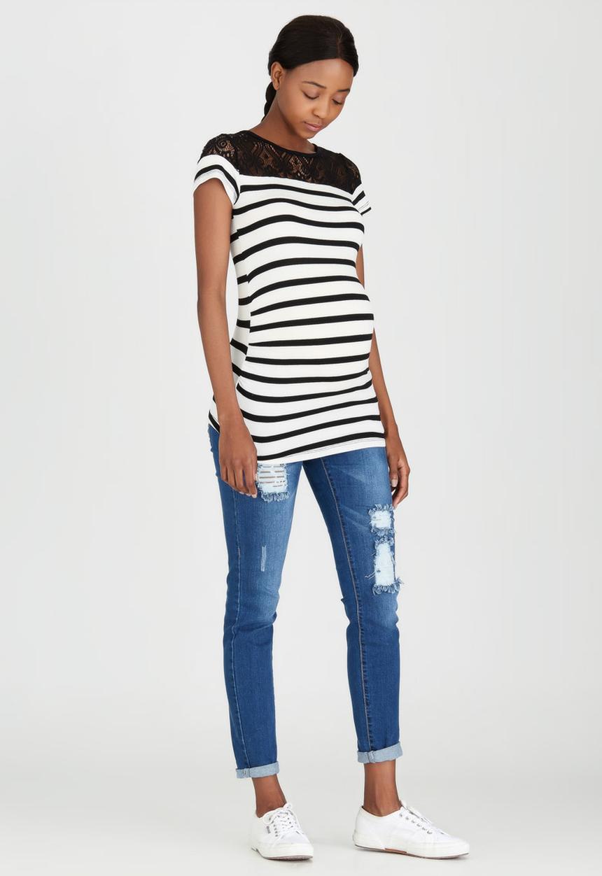 edit Maternity - Lace Inset Stripe T-shirt Black and White