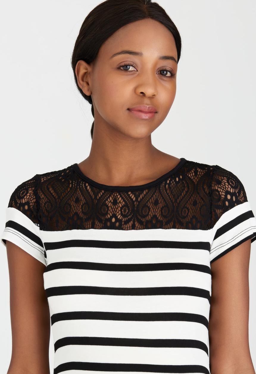 edit Maternity - Lace Inset Stripe T-shirt Black and White