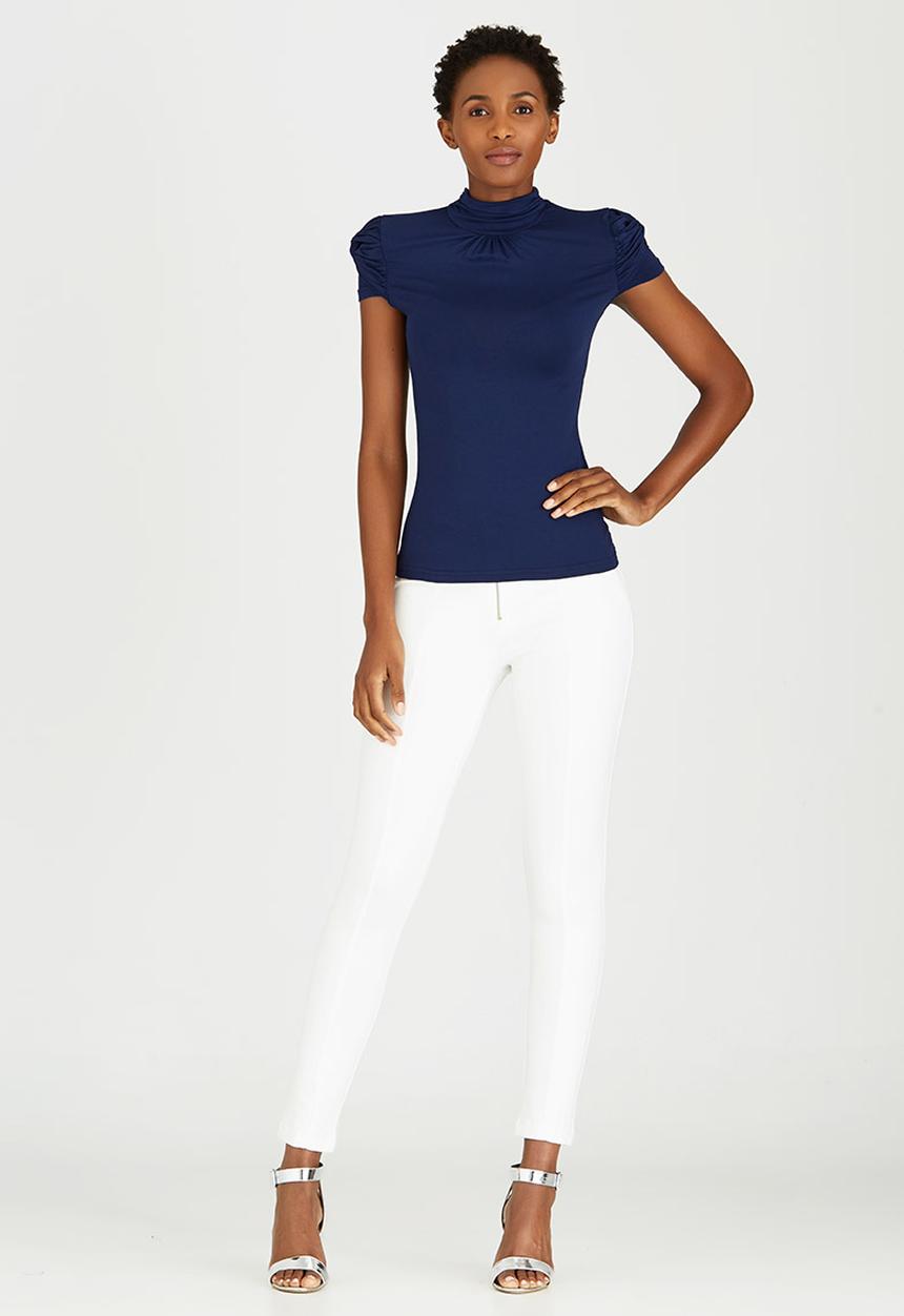 edit - Turtleneck Top with Gauged-sleeve Detail Navy