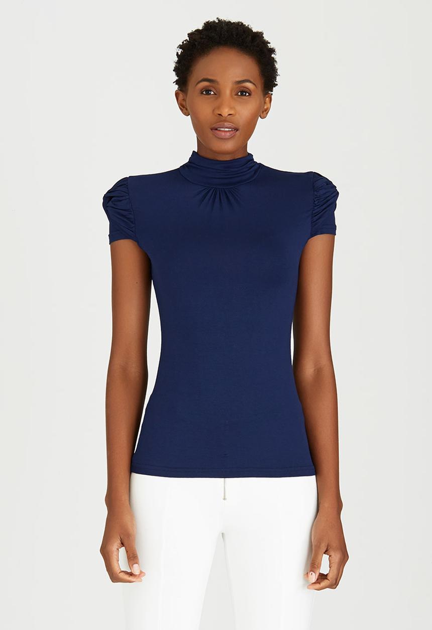 edit - Turtleneck Top with Gauged-sleeve Detail Navy