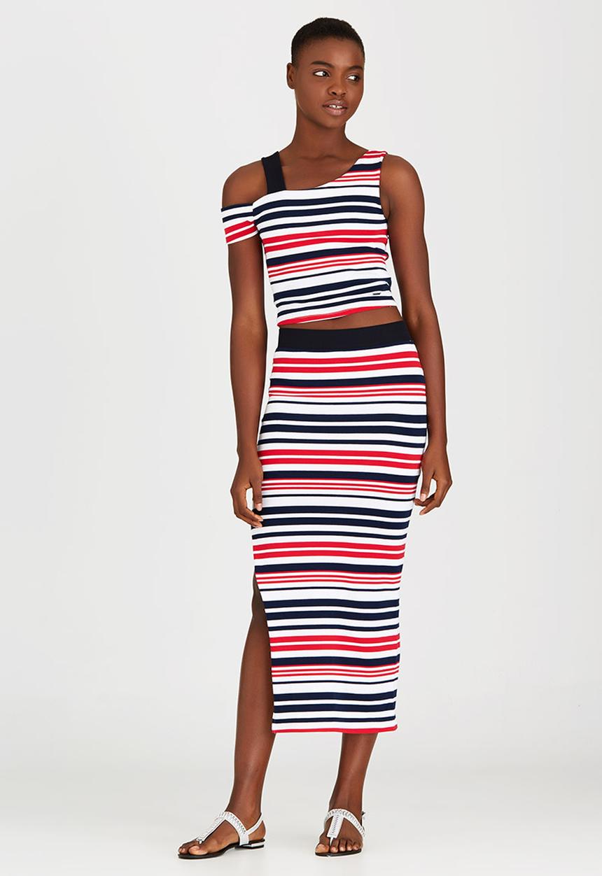 SISSY BOY - Federica Stripe Rib Midi Skirt Red