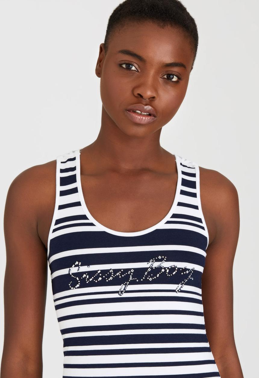 SISSY BOY - Natalina Stripe Vest with Crochet Motif Blue and White