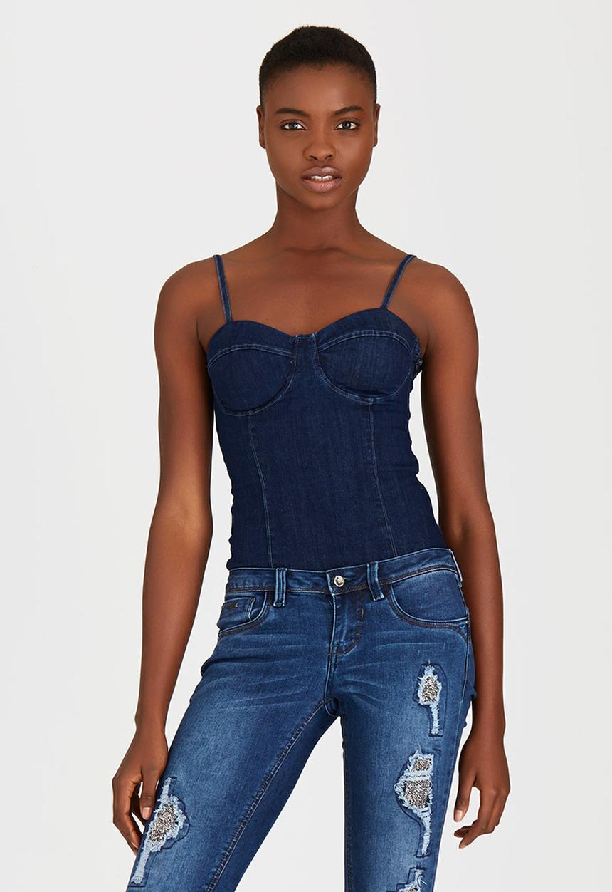 SISSY BOY - Xia Denim Bodysuit Dark Blue