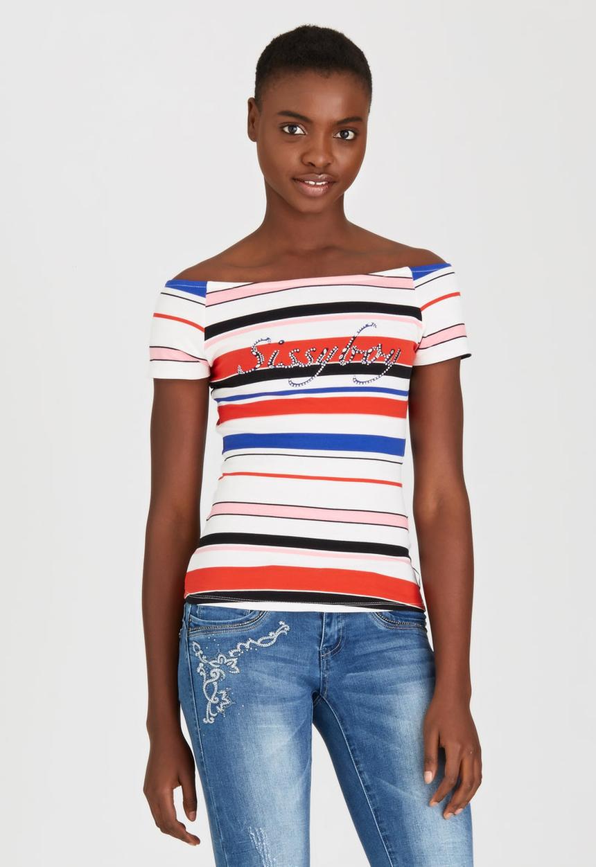 SISSY BOY - Kacey-Leigh Striped Off-the-shoulder Tee Blue and White
