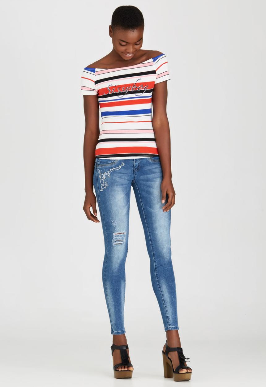 SISSY BOY - Kacey-Leigh Striped Off-the-shoulder Tee Blue and White