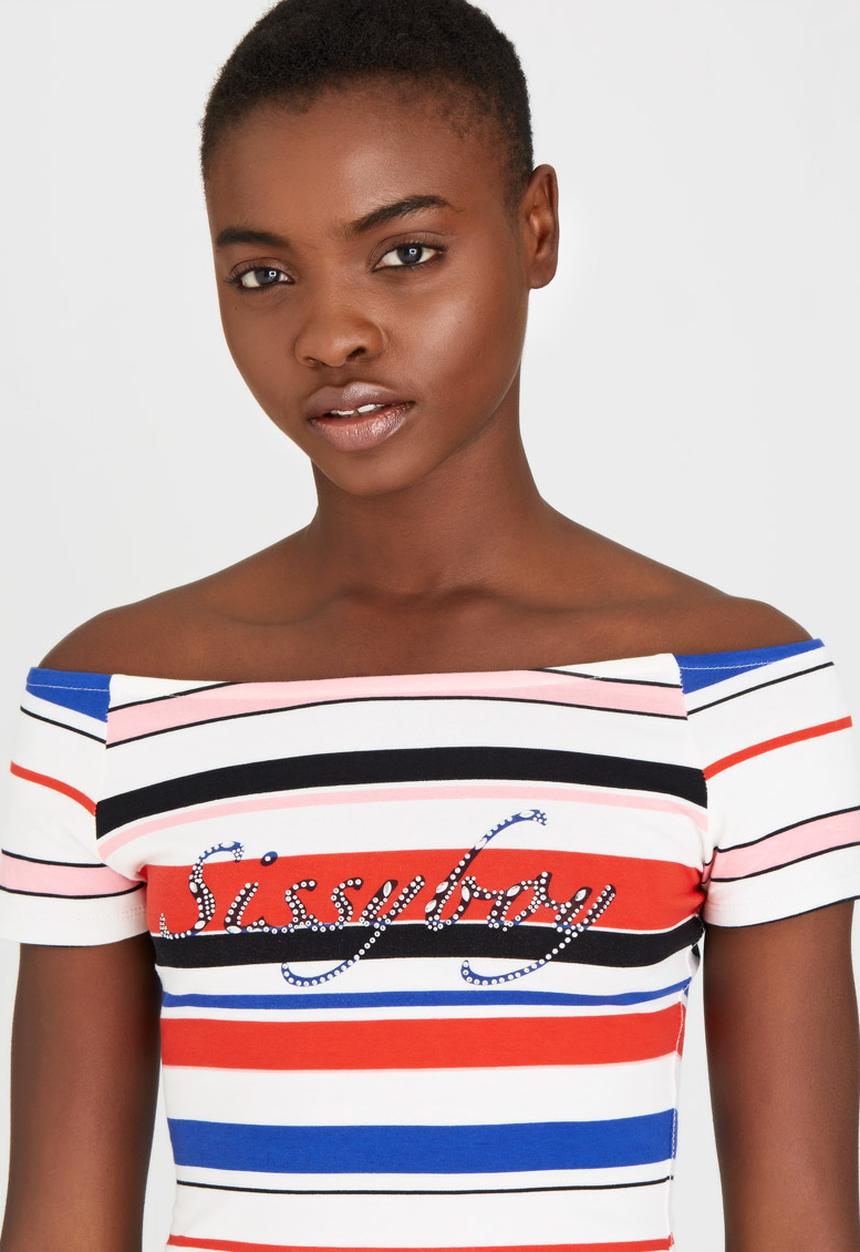 SISSY BOY - Kacey-Leigh Striped Off-the-shoulder Tee Blue and White