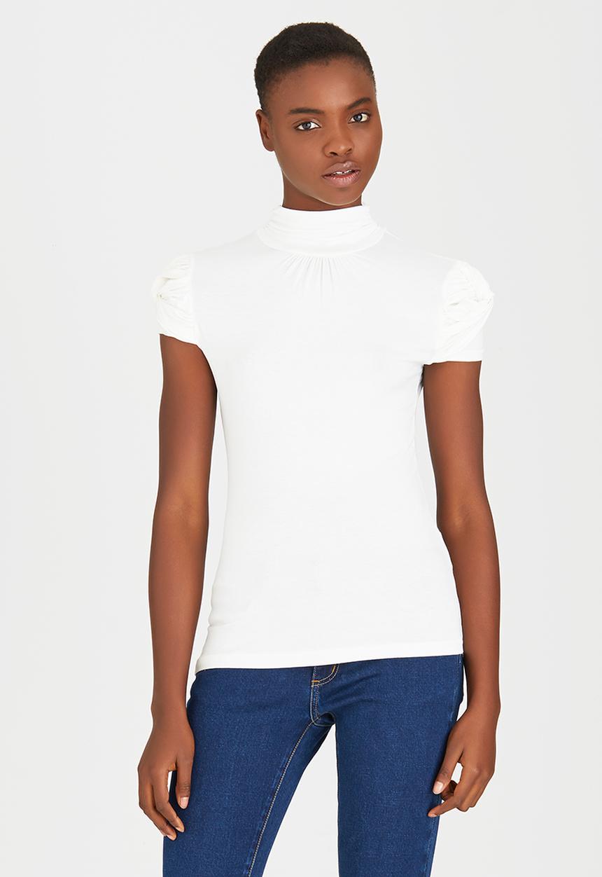 edit - Turtleneck Top with Gauged-sleeve Detail Off White