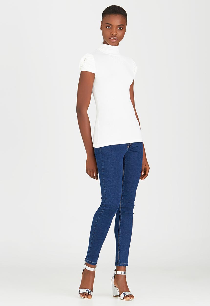 edit - Turtleneck Top with Gauged-sleeve Detail Off White