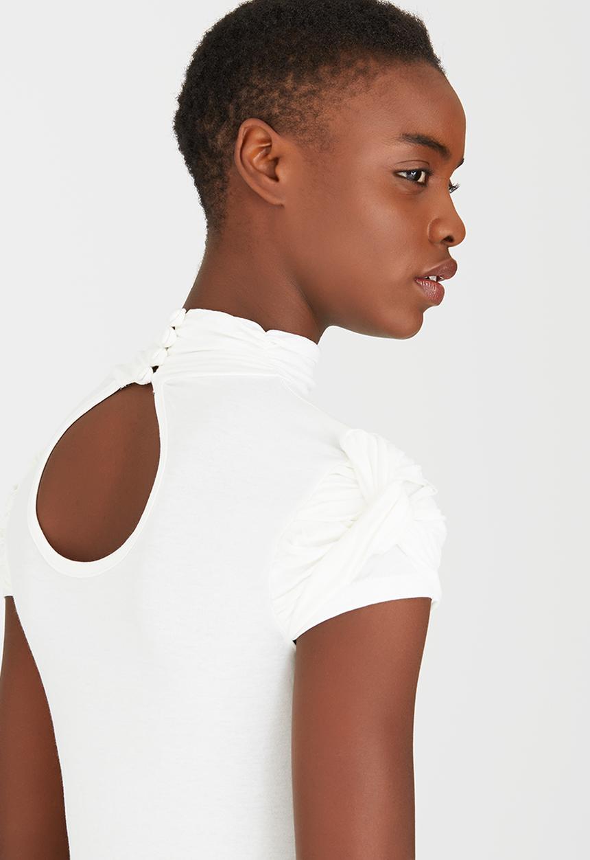 edit - Turtleneck Top with Gauged-sleeve Detail Off White