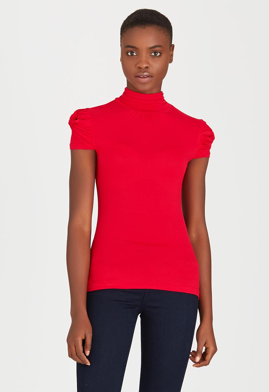 edit - Turtleneck Top with Gauged-sleeve Detail Red