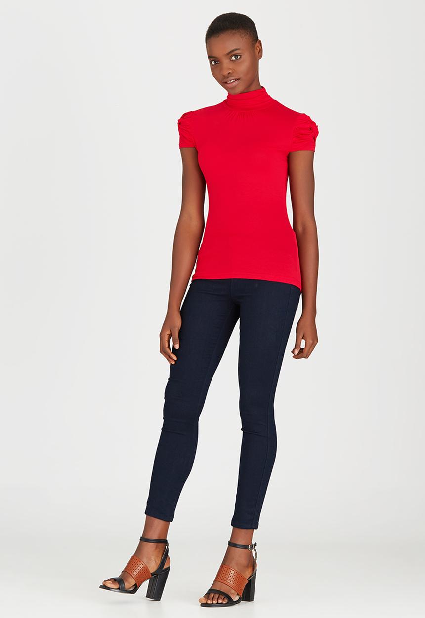 edit - Turtleneck Top with Gauged-sleeve Detail Red