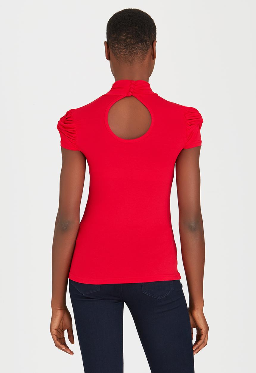 edit - Turtleneck Top with Gauged-sleeve Detail Red