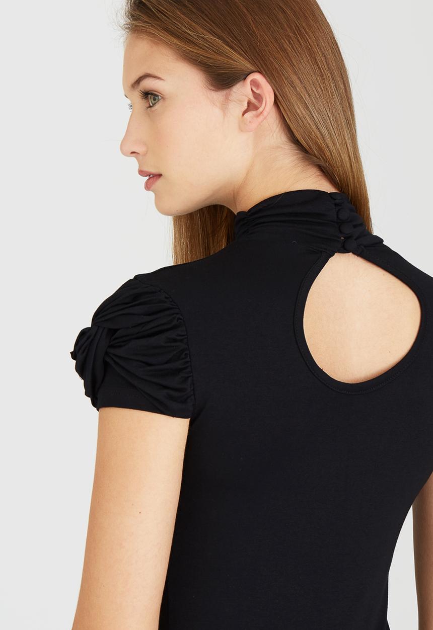 edit - Turtleneck Top with Gauged-sleeve Detail Black