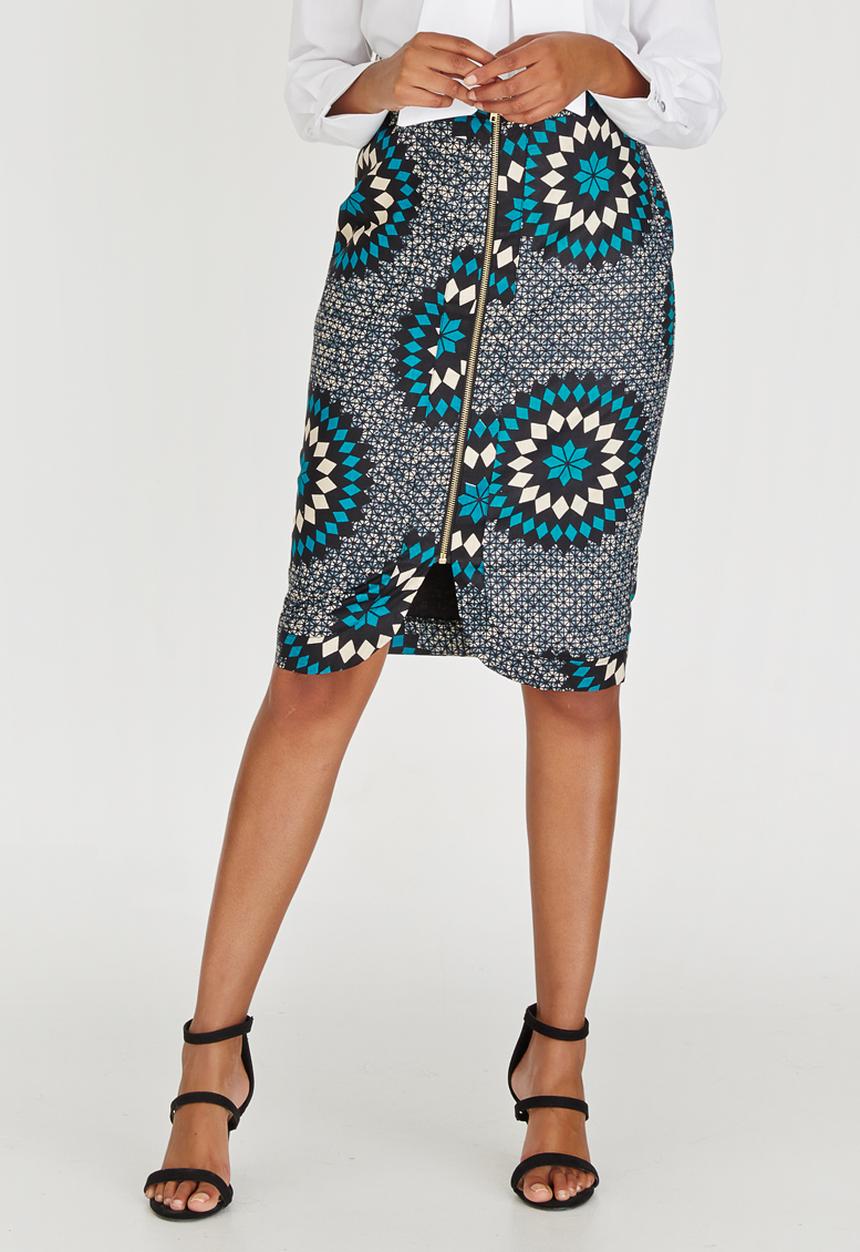 AfroDizzy - Sunburst Printed Pencil Skirt Dark Blue