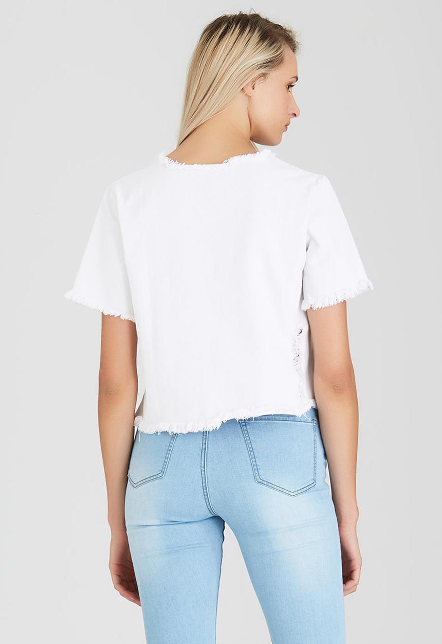 BoohooDNU - Denim Frayed Hems Top White