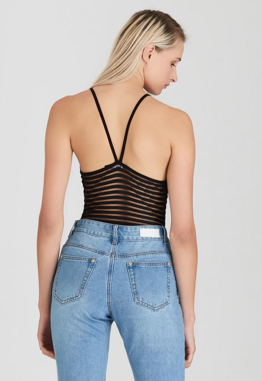 BoohooDNU - Petite Stripe Mesh Bodysuit Black