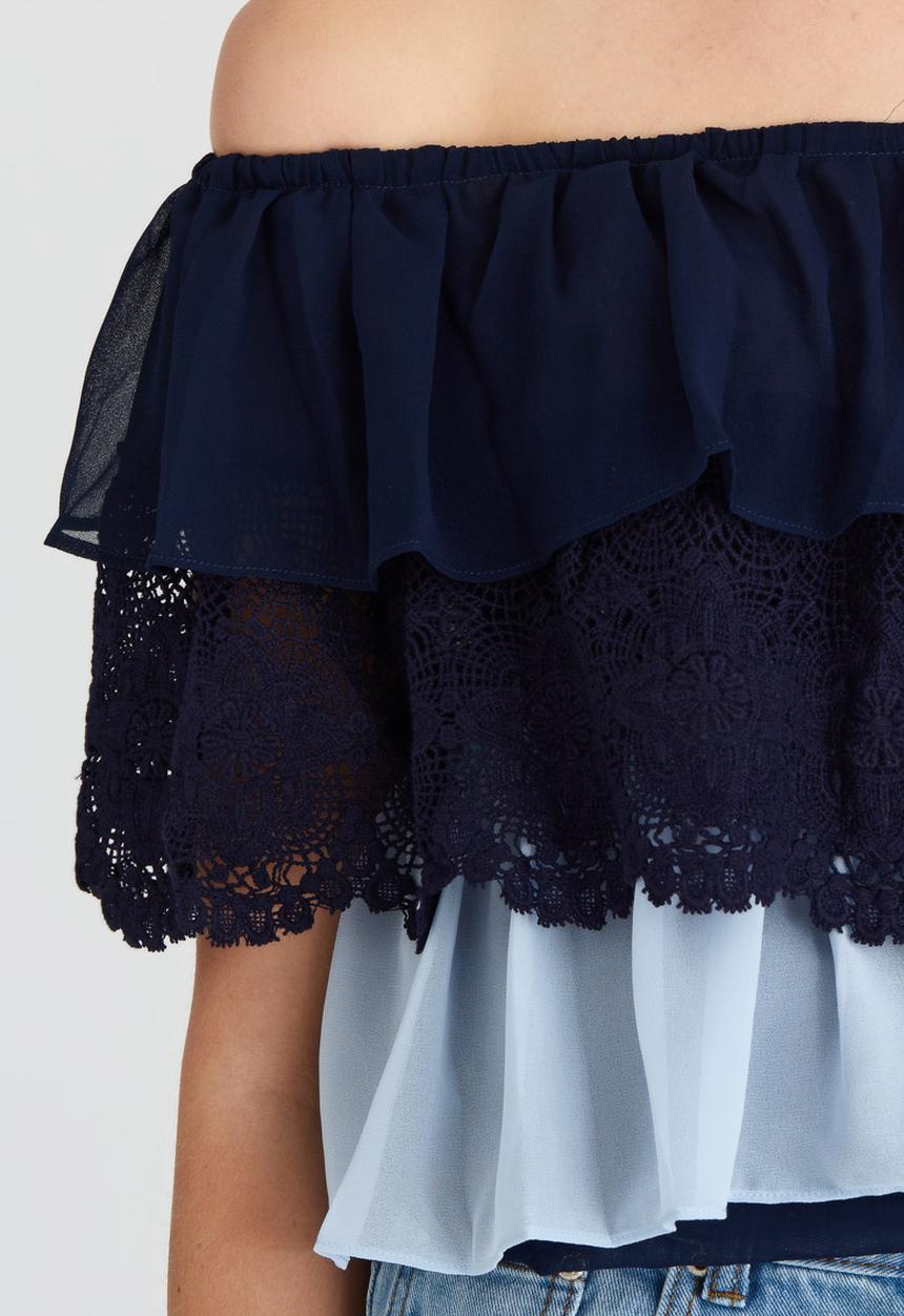 BoohooDNU - Lace Ruffle Top Navy