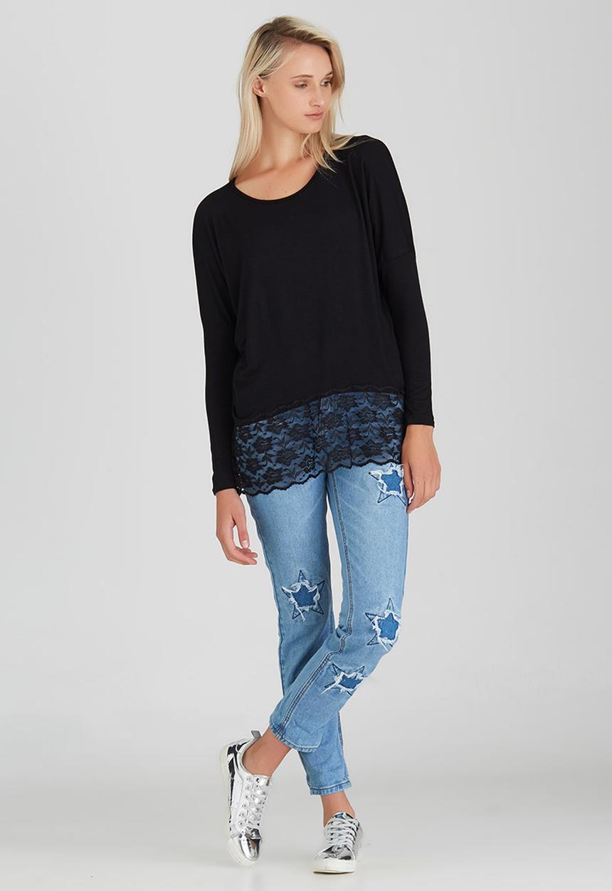 BoohooDNU - Longline Lace Trim Top Black