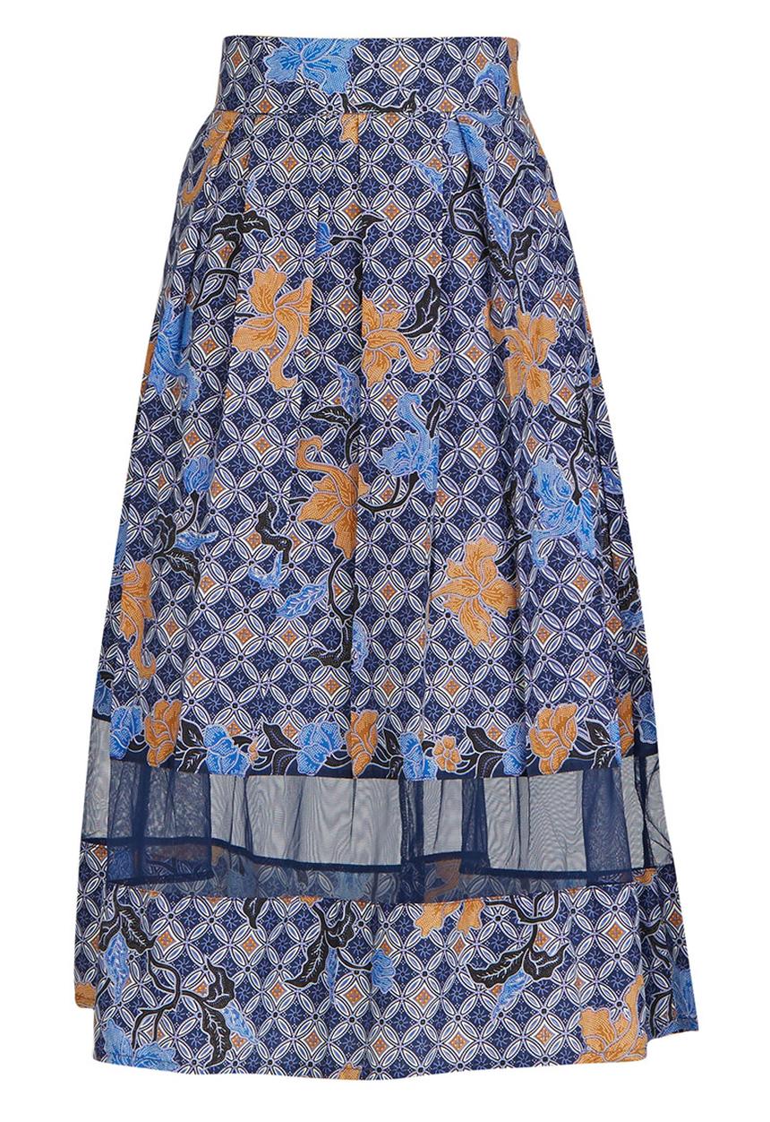 Khanya by Pengelly - Ankara Print Sheer Insert Skirt Mid Blue