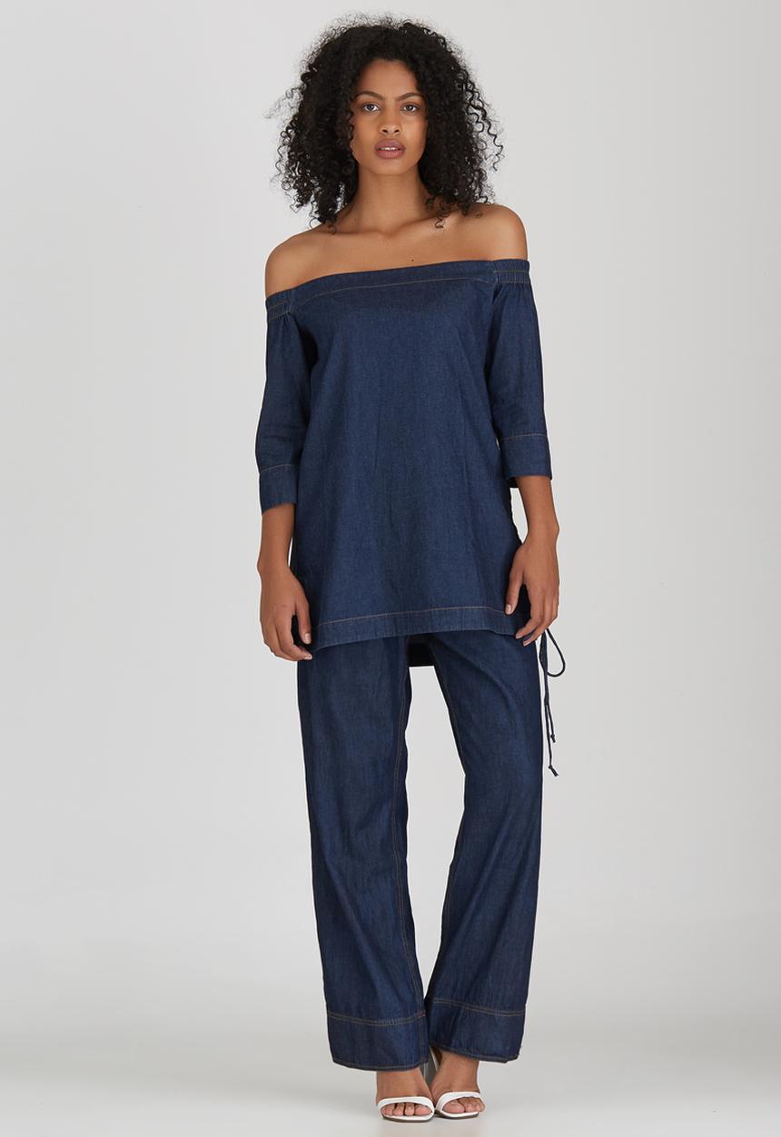 HABITS - Denim Off-the-shoulder Top Dark Blue