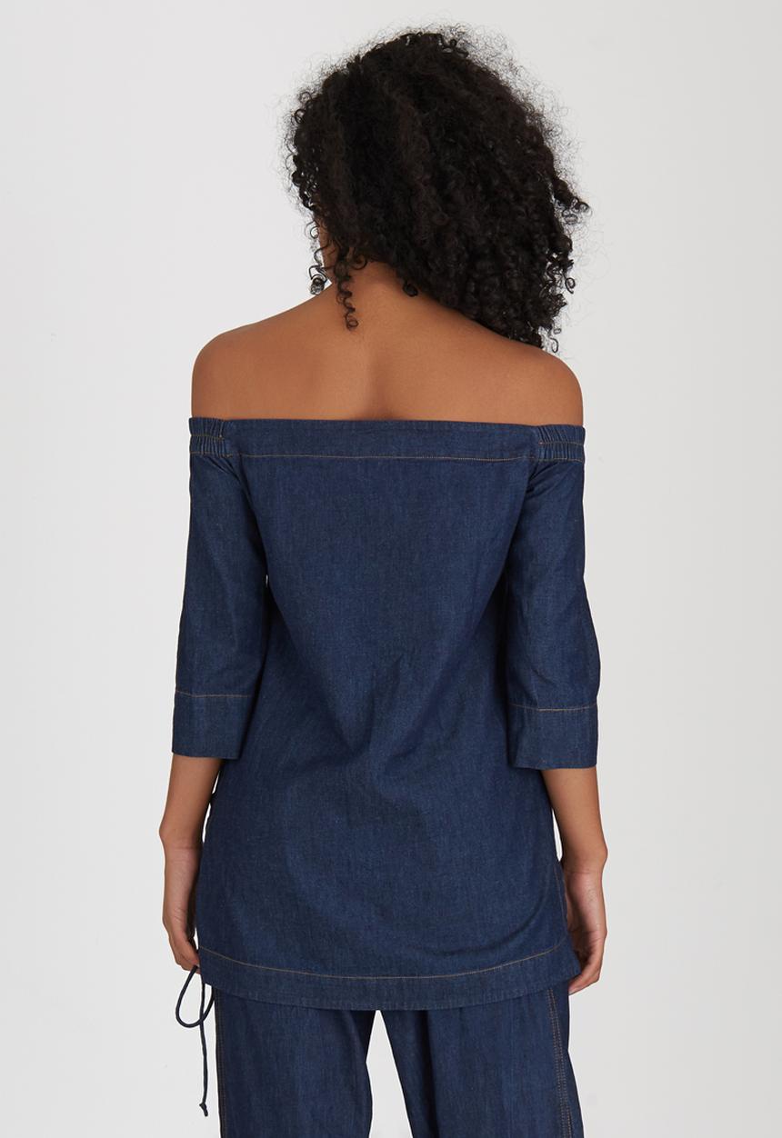 HABITS - Denim Off-the-shoulder Top Dark Blue