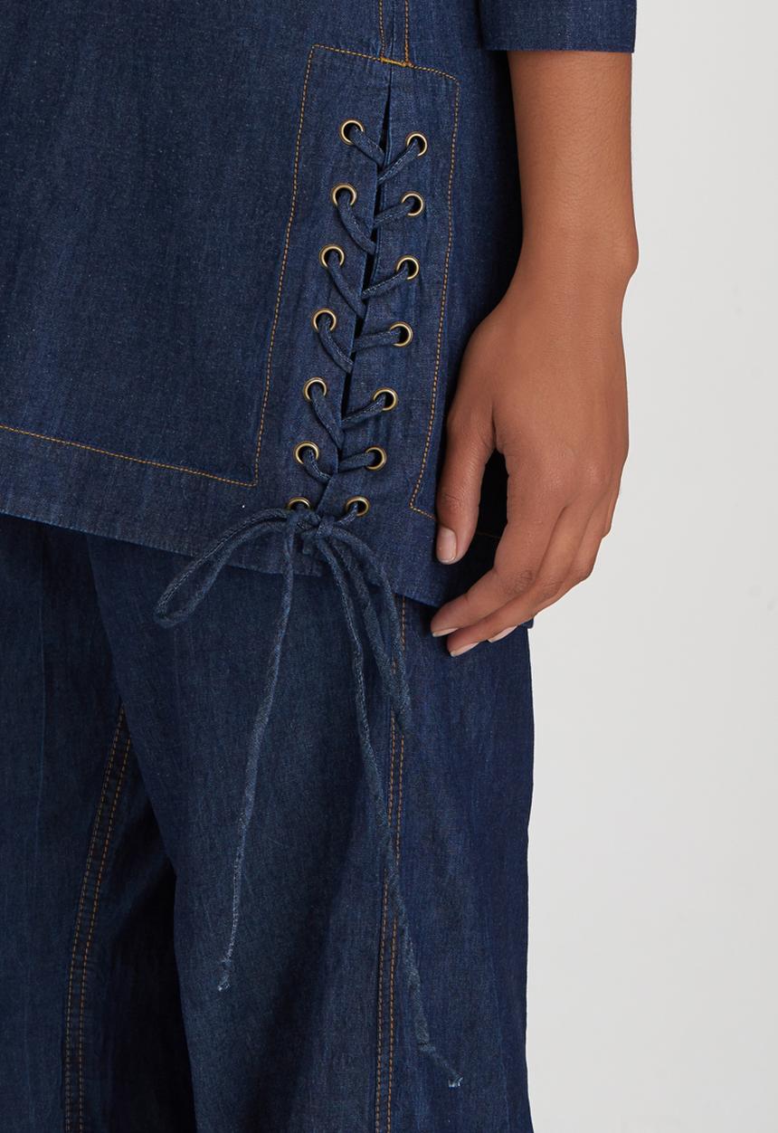 HABITS - Denim Off-the-shoulder Top Dark Blue