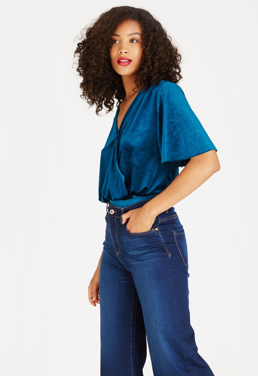 STYLE REPUBLIC - Velvet Wrap Bodysuit Turquoise