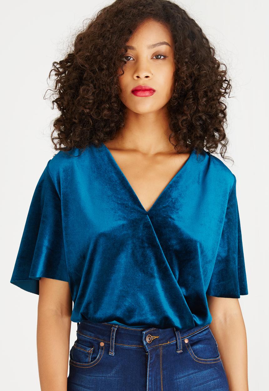 STYLE REPUBLIC - Velvet Wrap Bodysuit Turquoise