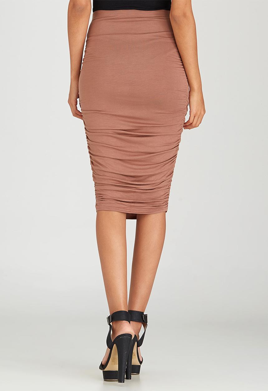 BoohooDNU - Side Ruched Midi Skirt Mid Brown