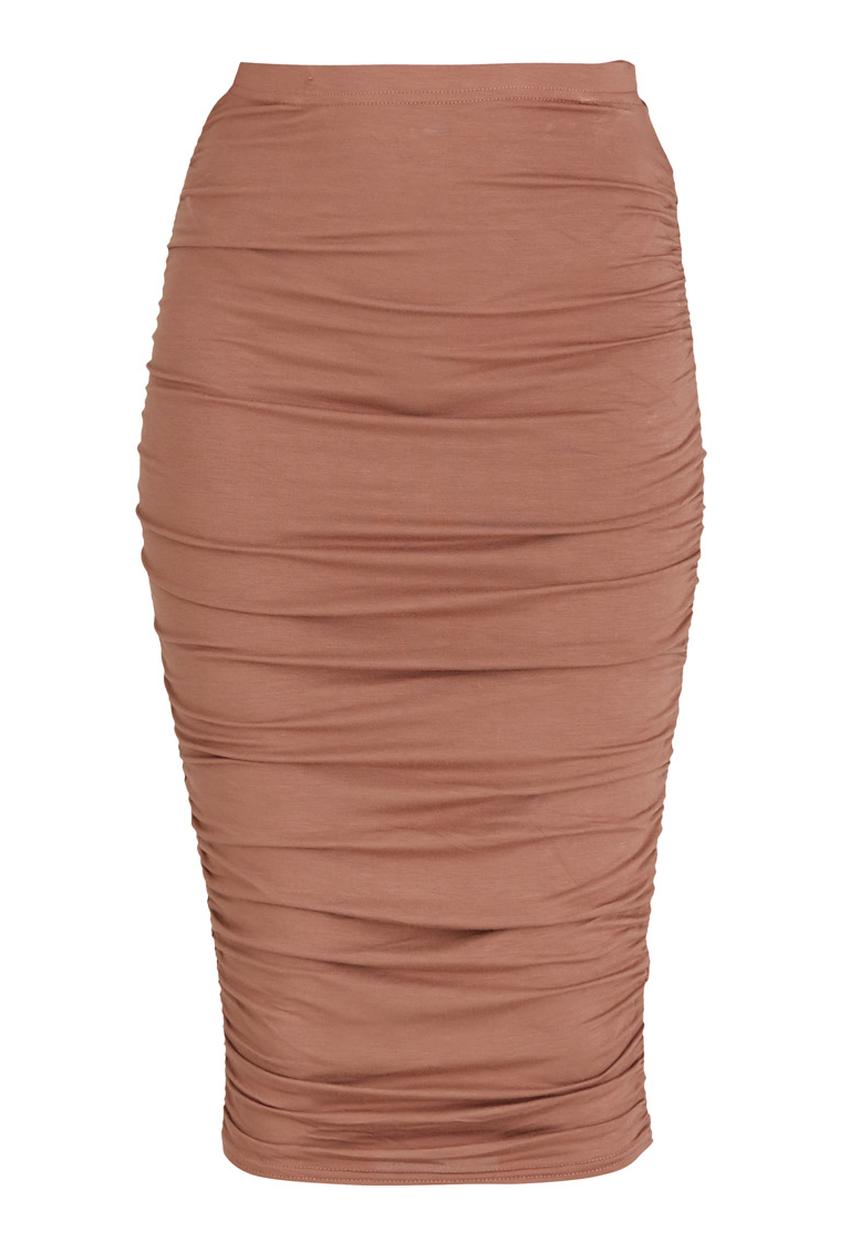 BoohooDNU - Side Ruched Midi Skirt Mid Brown