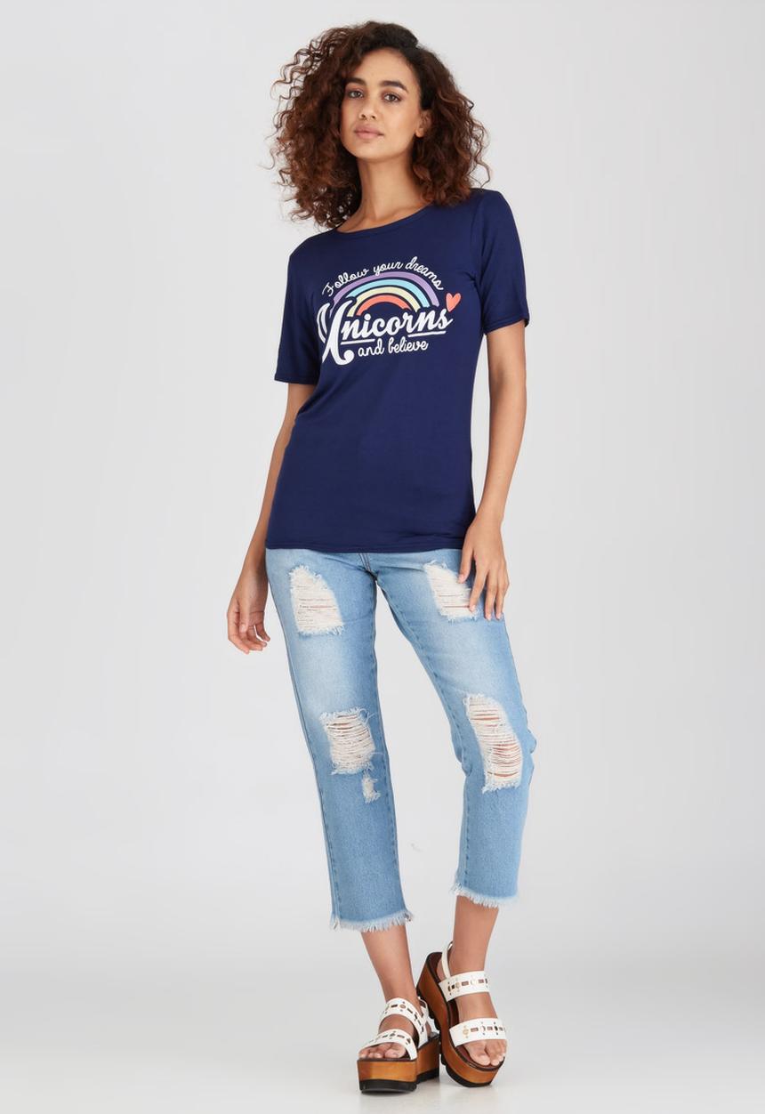 BoohooDNU - Rainbow Unicorn T-shirt Navy
