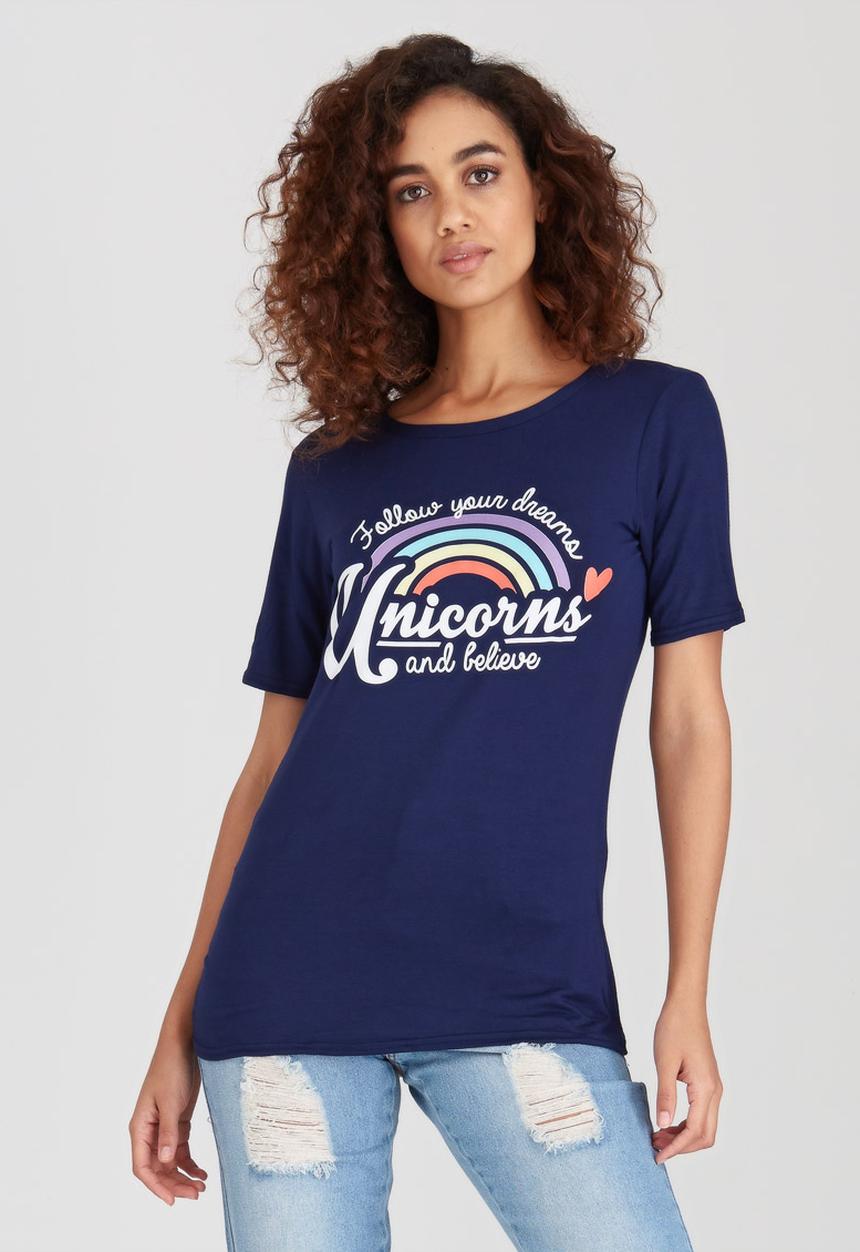 BoohooDNU - Rainbow Unicorn T-shirt Navy