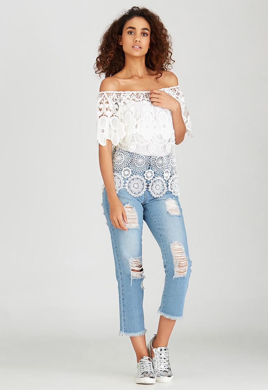 BoohooDNU - Off The Shoulder Crochet Floral Top Cream