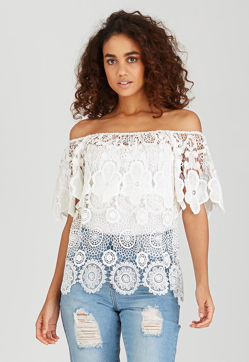 BoohooDNU - Off The Shoulder Crochet Floral Top Cream