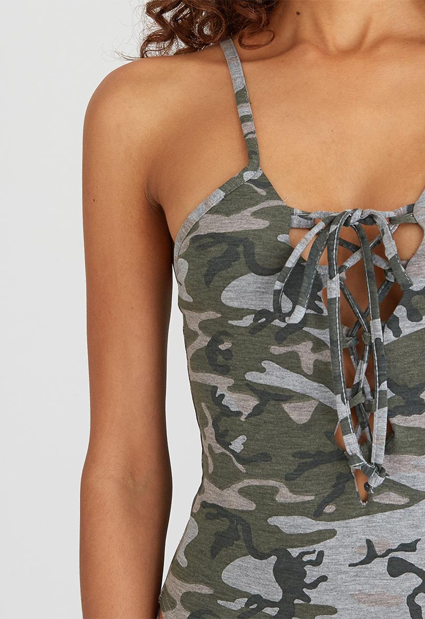 BoohooDNU - Camo Print Lace Up Bodysuit Khaki Green
