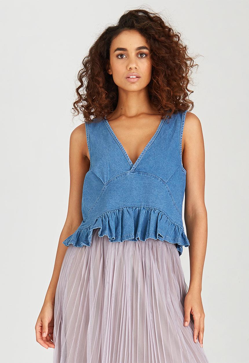 BoohooDNU - Denim Frill Cropped Top Blue