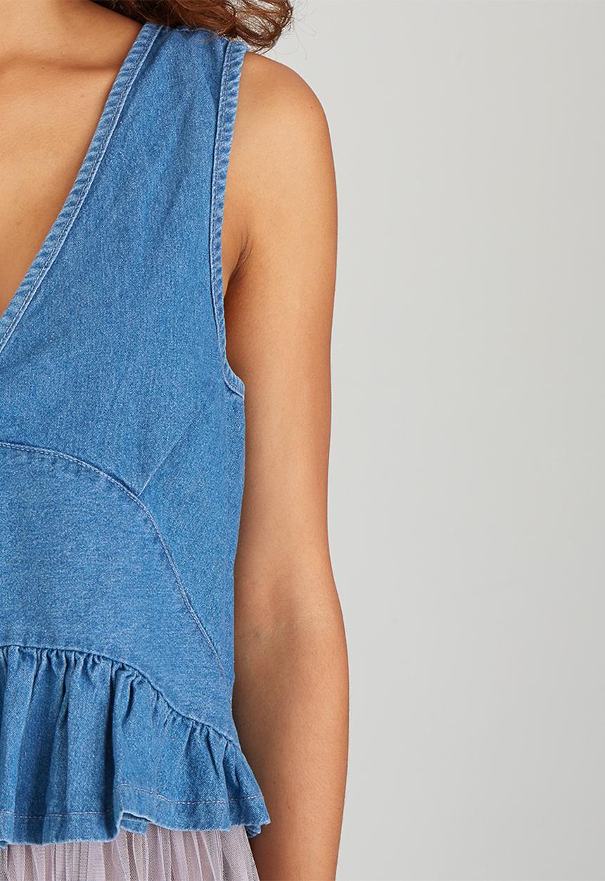BoohooDNU - Denim Frill Cropped Top Blue