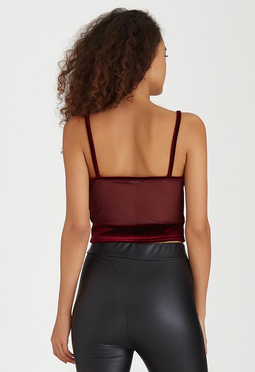 BoohooDNU - Velour Cropped Top With Sheer Insert Panels Dark Red