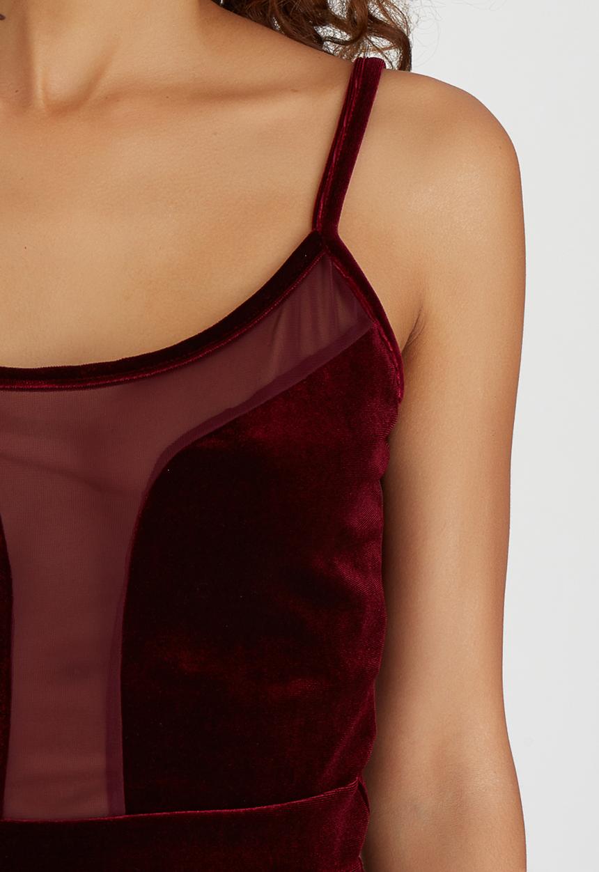 BoohooDNU - Velour Cropped Top With Sheer Insert Panels Dark Red