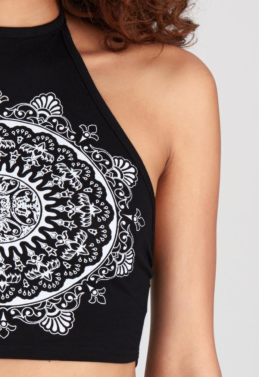 BoohooDNU - Ethnic Print Halter Tie Crop Top Black